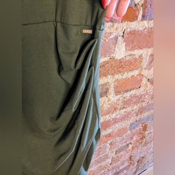 Guess‎ Small Olive Green Fitted Dress w/ a Faux Wrap Skirt & Ruching - Picture 4 of 12